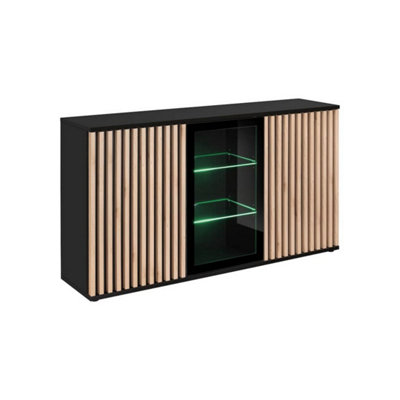 B&Q -  Cameron Display Sideboard Cabinet W1600mm H920mm D400mmBlack & Jackson Hickory With Glass Door And Led Lighting