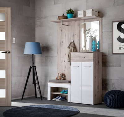 Arte Gustavo Ii Hallway Set In Oak Wellington & White GlossComplete Entryway BenchCabinetMirror & Hanger Station from B&Q