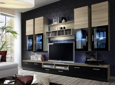 Arte Lyra Entertainment Unit For Tvs Up To 60"Warm Oak Sonoma & Black ContrastW3000mm X H1900mm X D450mm from B&Q