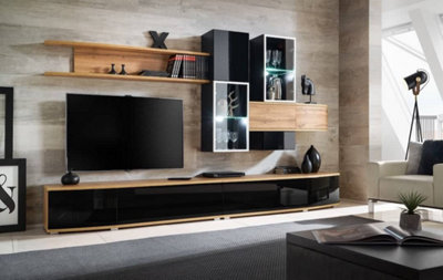 Arte Manhattan Entertainment Unit For Tvs Up To 60"Stylish Oak Wotan & Black High GlossW3000mm X H1800mm X D450mm from B&Q