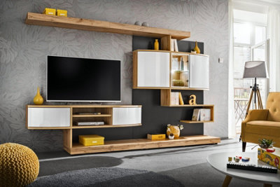 Arte Palermo Entertainment Unit For Tvs Up To 60"Elegant Wotan Oak & White GlossW3000mm X H1820mm X D450mm from B&Q