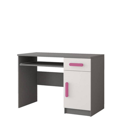 Arte Modern Grey And White Computer Desk H760mm W1100mm D500mmPink Handles For Playful Workspaces from B&Q