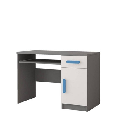 Arte Sleek Grey And White Computer Desk H760mm W1100mm D500mmBlue Handles For Serene Workspaces from B&Q