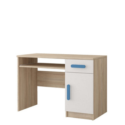 Arte Serene Oak Sonoma And White Computer Desk H760mm W1100mm D500mmBlue Handles For Calming Study Spaces from B&Q