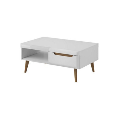 B&Q -  Nordi Coffee Table 107Cm White GlossScandinavian-Inspired Multifunctional Living Room Table With Drawers And Open Shelf