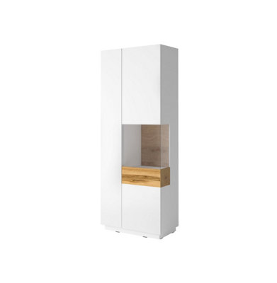 Arte Sleek Silke 13 Tall Display Cabinet 80Cm RightWhite Gloss & Wotan Oak: Modern Storage For Contemporary Homes from B&Q
