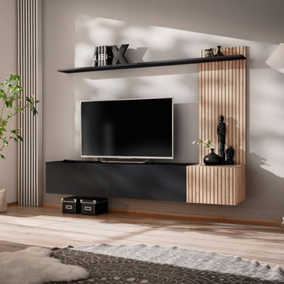 Arte Black & Oak Hickory Solo Entertainment Unit H130Cm W180Cm D40CmSleek Contemporary Media Console from B&Q