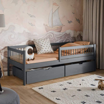 Arte Wooden Single Bed Edi GraphiteSolid Pine Design With Dual Drawers & Foam Mattress