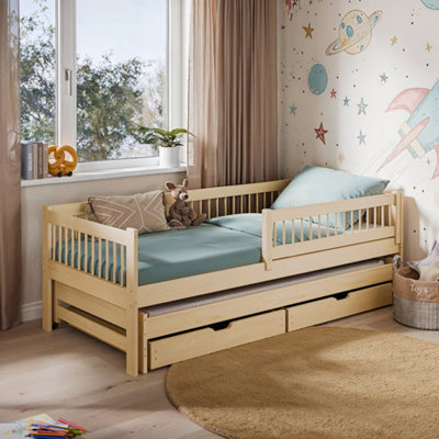 Arte Wooden Bed Softi Pine W194Cm X H70Cm X D96CmSolid Wood Trundle Bed With Built-In Drawers