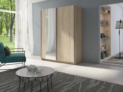 Arte Oak Sonoma Mirrored Sliding Wardrobe 150CmCompact Woodgrain Storage from B&Q