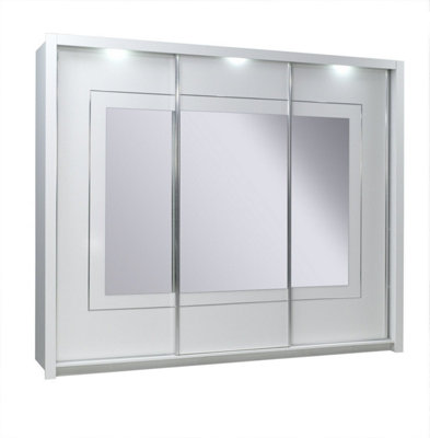 Arte White Gloss Mirrored Sliding Wardrobe 258CmUltra-Spacious Luxury With Led Lighting from B&Q