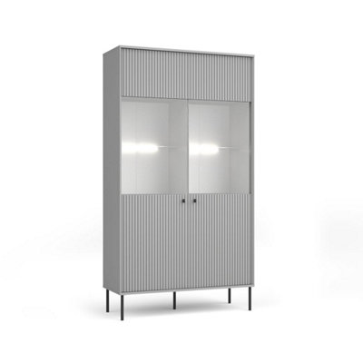 Arte Contemporary Grey Tall Display Cabinet 105CmGlass DoorsBlack Metal Accents & Versatile Storage For Modern Homes from B&Q
