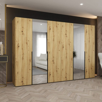 Arte Refined Oak Artisan Hinged Door Wardrobe 300Cm - Timeless Storage With Mirrored Style from B&Q