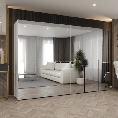 Arte Alicante Iii White Hinged Door Wardrobe 300Cm  Bright Modern Mirrored Wardrobe With Four Hanging Rails from B&Q