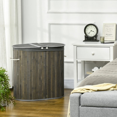 Homcom 100L Bamboo Laundry Basket W/ 2 Compartments Washing Baskets Grey from B&Q