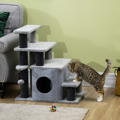 PawHut Dog Steps for Bed, 4 Step Pet Stairs with Cat House for Sofa Grey - Image 6