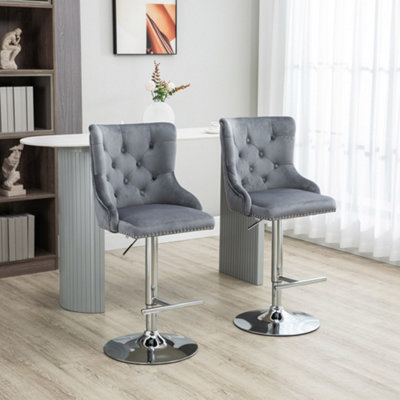 Rackhams Grey Bar Stools Set Of 2, Modern Swivel & Adjustable Velvet Barstools With Button Tufted Back, Footrest, Nailhead Trim For Home Bar, - Image 8