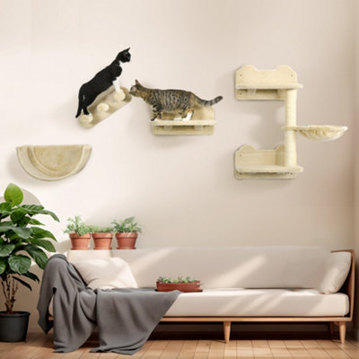 Pawhut Beige 4Pcs Wall Mounted Cat Tree Cat Wall Shelves W/ Scratching Post - Image 2
