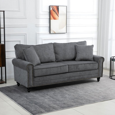 HOMCOM 3 Seater Sofas Fabric Sofa with Nailhead Trim Cushions & Throw Pillows in Grey - Image 8