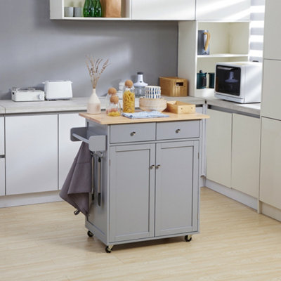 Rackhams Grey Rolling Kitchen Island, Utility Serving Cart With Rubber Wood Top - Image 9