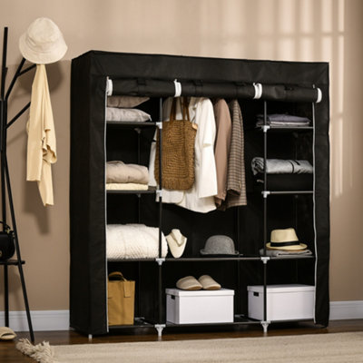 Homcom Fabric Wardrobe With 10 Shelves 1 Hanging Rail Foldable Closets Black