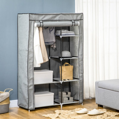 Homcom Fabric Wardrobe W/ Shelves Hanging Rail Foldable Closets Light Grey from B&Q