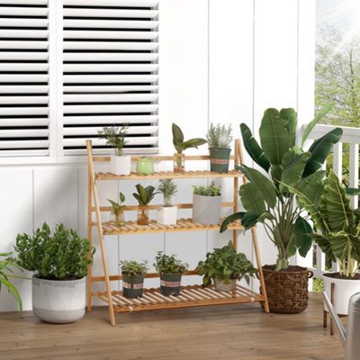 Outsunny 3-Tier Folding Bamboo Plant Stand Display Rack For Indoor & Outdoor