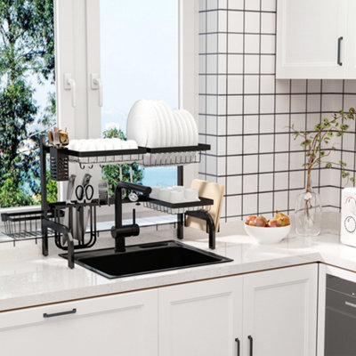 Homcom Space Saving 2 Tier Adjustable Over The Sink Dish Drying Rack - Black - Image 7
