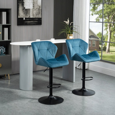 HOMCOM Set of 2 Velvet Touch Bar Stools - Blue - Metal Frame - Adjustable Height - Image 9