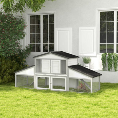 Pawhut Grey Rabbit Hutch With Run, Tray, Ramp, Wooden Guinea Pig House, Large