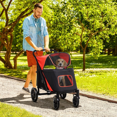 Pawhut Unisex Red Foldable Dog Carriage W/ Universal Wheels, Shock Absorber In 60Cm - Image 5