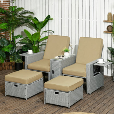 Outsunny Beige Recliner Rattan Sun Lounger W/ Storage Tea Table & Footstools,