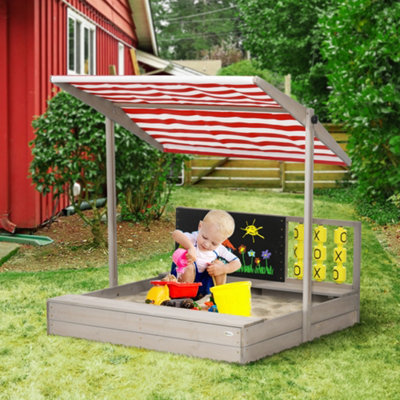 Outsunny Grey Children's Wooden Sandpit With Protective Canopy And Seating, Outdoor Play Area, - Image 6