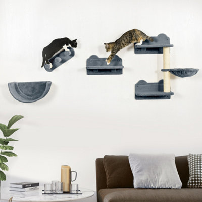 Pawhut 4Pcs Wall Mounted Cat Tree Cat Wall Shelves W/ Scratching Post Grey
