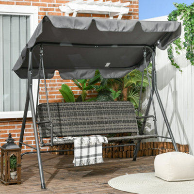 B&Q -  3-Seater Rattan Swing ChairHanging Bench W/ StandAdjustable Canopy