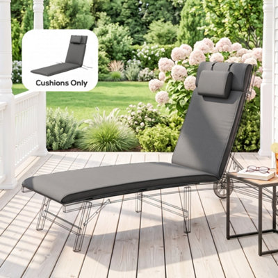 Bobobiy Grey Garden Sun Lounger Cushion Replacement Soft Sunbed Reclining Chair Relaxer Pad With Pillow, Cushion Only - Image 4