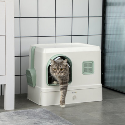 Pawhut Cat Litter Box, Hooded Cat Litter Tray W/ Drawer Pan, Scoop, Deodorants