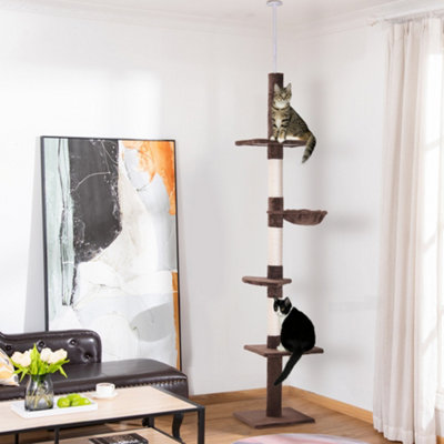 Pawhut Floor To Ceiling Cat Tree 5-Tier Climbing Tower Scratching Post Brown from B&Q