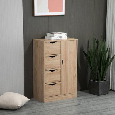 Homcom Freestanding Bathroom Cabinet With 4 Drawers And Door Cupboard Natural