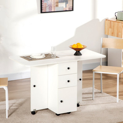 Homcom Folding Dining Table, Drop Leaf Table With Drawers White