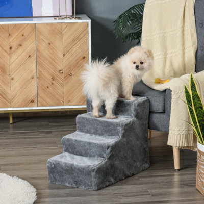 Pawhut Four-Step Portable Dog Stairs With Washable Plush CoverLight Grey from B&Q