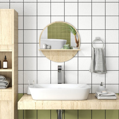 Kleankin Round Mirror For Wall Makeup Mirror With Shelf Natural Wood Effect from B&Q