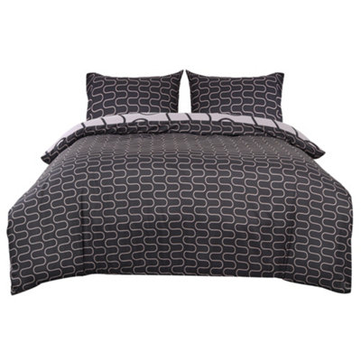 Ameha Print Duvet Cover Matching Pillowcase 3 Piece Set Black & Grey Wave Design King Size (230X220Cm) from B&Q