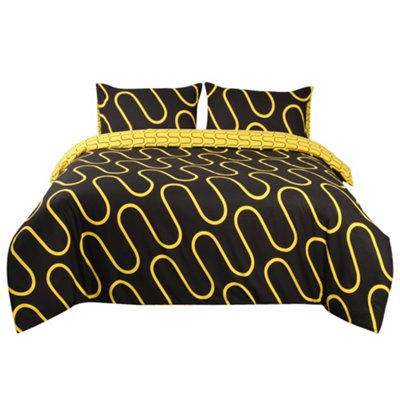 Ameha Print Duvet Cover With Matching Pillowcase 3 Piece Set Black & Ochre Wave Pattern Design King 230X220Cm from B&Q