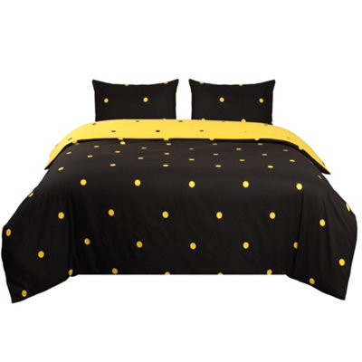 Ameha Printed Duvet Cover Matching Pillowcase 3Piece Set Reversible & Anti Allergic Black & Yellow Dotted Super King (260X220Cm) from B&Q