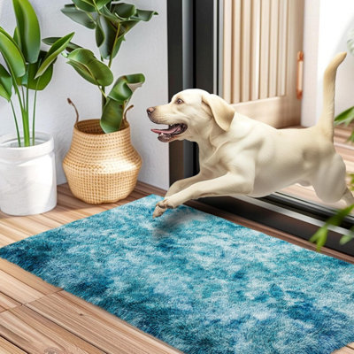 Ameha Tye Dye Teal Non Slip Shaggy Mats Soft Fluffy Door Mat Large Kitchen Floor Mats- 60X110 Cm from B&Q