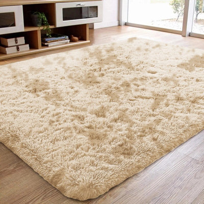 Ameha Non Slip Shaggy Fluffy Extra Large Area Plain Rugs Tye Dye Cream Living Room Carpets 200X290 Cm from B&Q