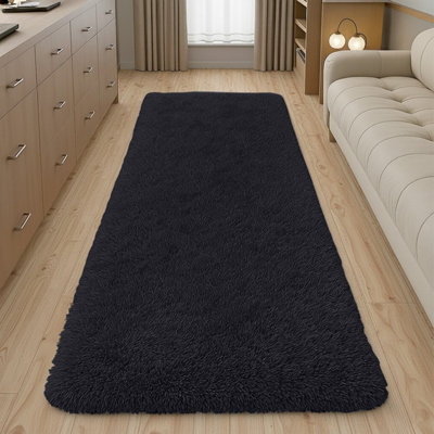 B&Q -  Shaggy Non Slip Living Room Fluffy Black Area Rugs For Bedroom Hallway Runner Rug 60 X 220 Cm
