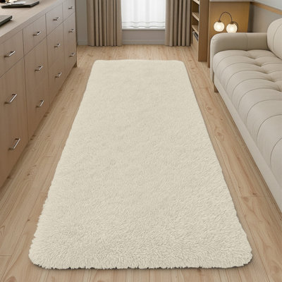 B&Q -  Cream Shaggy Area Rugs For Hallway Runner Anti-Slip Soft Fluffy Thick Pile Rug Non-Shedding60 X 220 Cm
