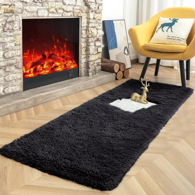 B&Q -  Black Area Rugs For Bedroom Hallway 80X150 Cm Non-Slip Modern Super Soft Fluffy Shaggy Thick Pile Rug Non-Shedding Easy To Clean